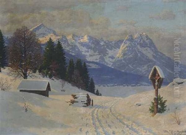 Winterliche Landschaft Mit Blick Auf Das Zugspitzmassiv Oil Painting by Fritz Mueller-Landeck