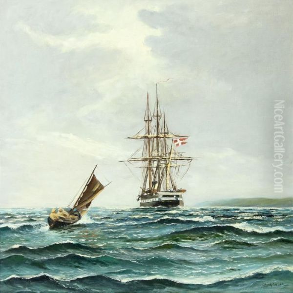 Seascape With The Frigat Jylland Oil Painting by Vilhelm Bille