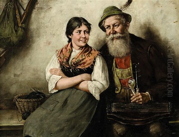 Dirndl Und Zitherspieler Oil Painting by Albert Mueller-Lingke