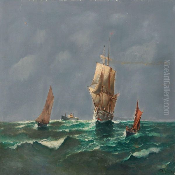 Seascape With Ships, High Sea Oil Painting by Vilhelm Bille