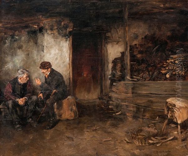 Zwei Tiroler Im Holzschopf by Albert Mueller-Lingke