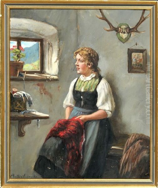 Bauernmagd Bei Der Naharbeit In Kammer Oil Painting by Albert Mueller-Lingke