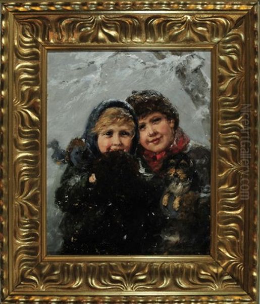 Zwei Kinder Mit Rosigen Gesichtern Und Einem Rauhaardackel Auf Dem Arm In Einer Kalten Winternacht Oil Painting by Albert Mueller-Lingke