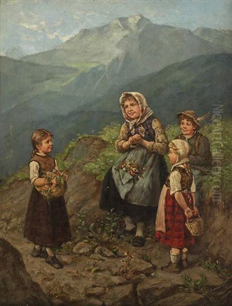 Drei Kinder Auf Wanderweg Im Hochgebirge Oil Painting by Albert Mueller-Lingke