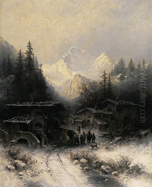 Verschneite Gebirgslandschaft. Malerisches Dorf Mit Figurenstaffage Und Tieren An Einem Winterabend Oil Painting by Albert Mueller-Lingke