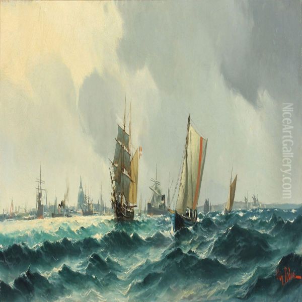 Numerous Ships On The Sound By Copenhagen Oil Painting by Vilhelm Bille