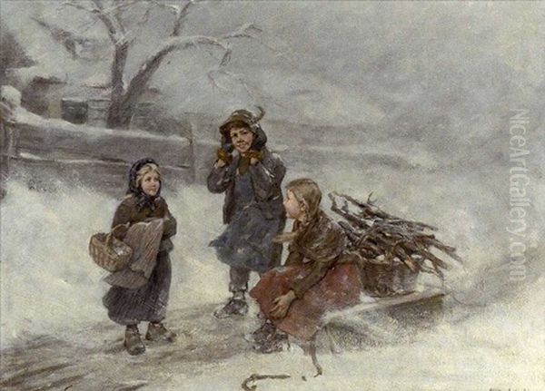 Drei Kinder Auf Verschneiter Dorfstrase Oil Painting by Albert Mueller-Lingke