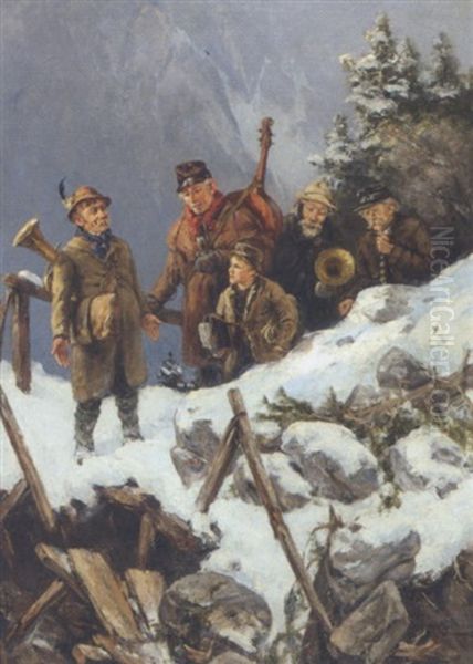 Vinterlandskab Med Rejsende Musikanter Oil Painting by Albert Mueller-Lingke