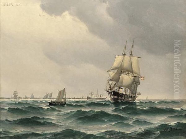 Two-masted Clipper Ship On The Sea Oil Painting by Vilhelm Bille