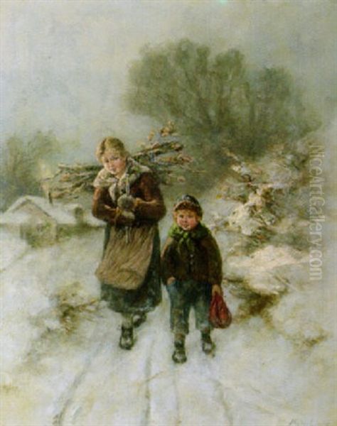 Zwei Kleine Reisigsammler Oil Painting by Albert Mueller-Lingke