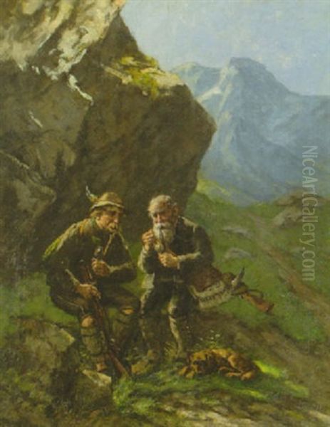 Zwei Jager Mit Hund Im Hochgebirge Bei Der Rauchpause Oil Painting by Albert Mueller-Lingke