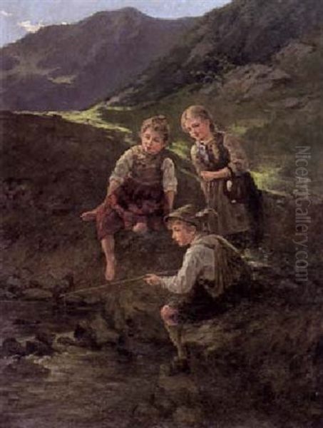 Die Forellenfischer Oil Painting by Albert Mueller-Lingke