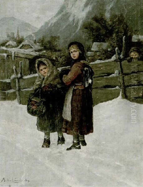 Zwei Dorfkinder Im Winter Oil Painting by Albert Mueller-Lingke