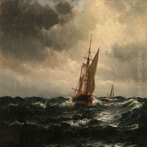 Seascape With Sailing Ships On The Sea Oil Painting by Vilhelm Bille