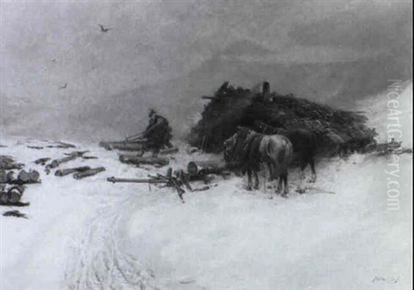 Holzf,ller Im Winter Bei Der Arbeit Vor Einem Holzschuppen Oil Painting by Albert Mueller-Lingke