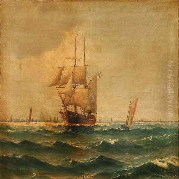 Coastal Scene Wiht Sailing Ships On Copenhagenroadstead Oil Painting by Vilhelm Bille