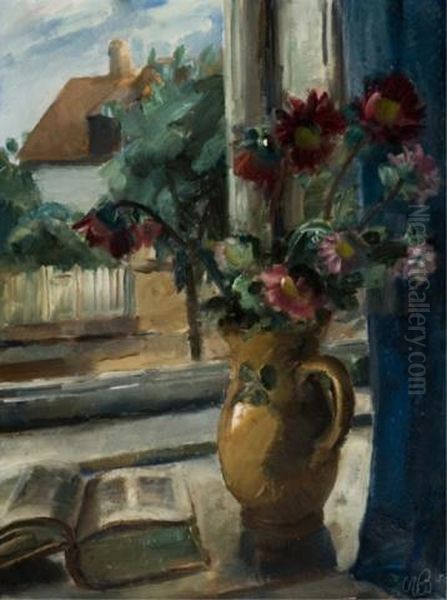 Open Book Next To Vase With Red Flowers Oil Painting by Willy Bille