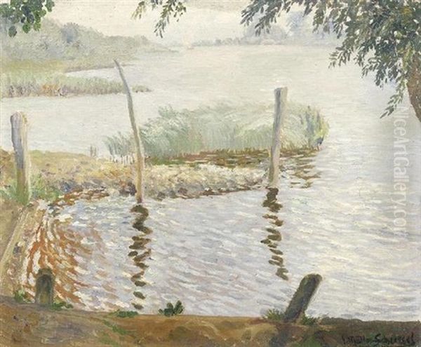 Sommeridylle. Blick Vom Ufer Auf Einen Von Schilf Gesaumten Stillen See Oil Painting by Ernst Mueller-Scheessel