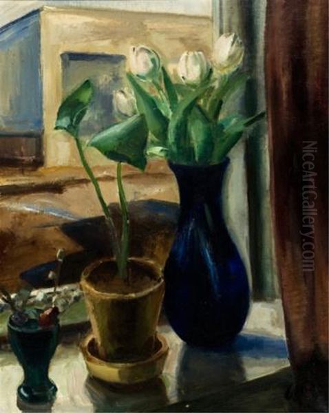 Blue Vase With Flowers Next To Potted Plants Oil Painting by Willy Bille