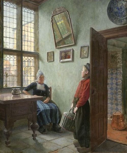 Niederlandisches Interieur (eine Frau Unterhalt Sich Mit Einem Botenjungen) Oil Painting by Ernst Wilhelm Mueller-Schoenefeld