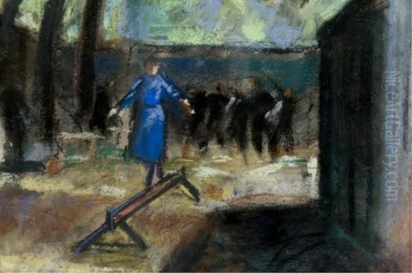 Woman In Blue Walking On Balancing Beam Oil Painting by Willy Bille