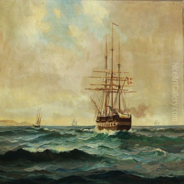 Seascape With The Frigate Jylland Oil Painting by Willy Bille