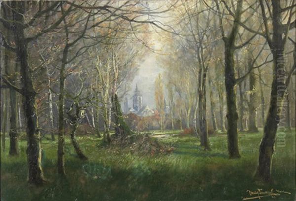 Blick Durch Eine Baumbestandene Rheinaue Auf Den Mainzer Dom Oil Painting by Carl Mueller-Trenkhoff