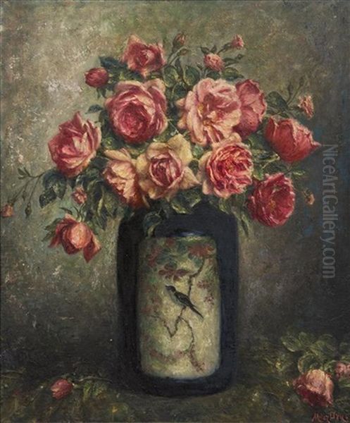 Still Life With Pink Roses Oil Painting by Adolfo Felice Mueller-Ury