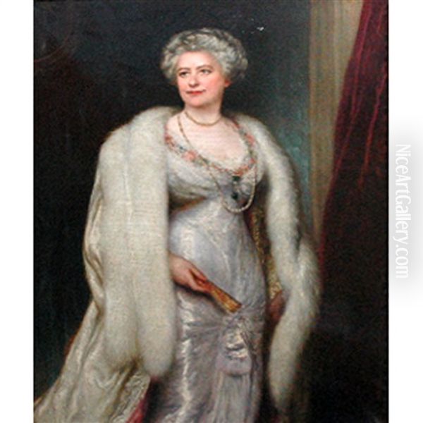 Portrait Of A Lady Wearing Pearls And A Fur Wrap Oil Painting by Adolfo Felice Mueller-Ury