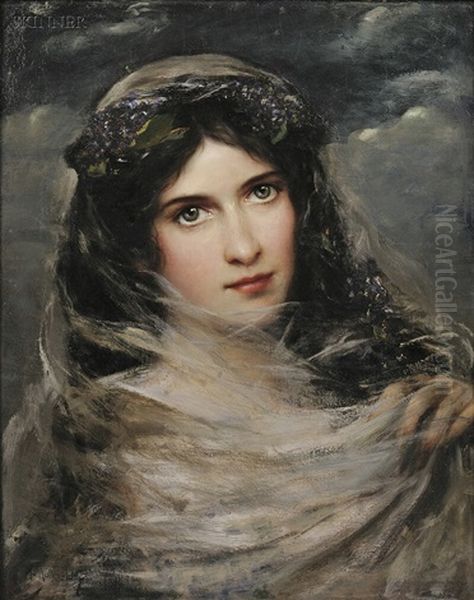 Portrait Of A Dark-haired Beauty In A White Veil Oil Painting by Adolfo Felice Mueller-Ury