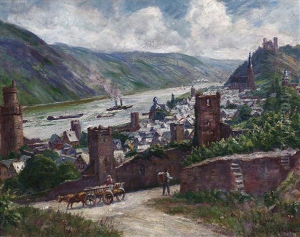 Blick Auf Oberwesel Am Rhein Mit Liebfrauenkirche Und Schoneburg Oil Painting by Peter Paul Mueller-Werlau