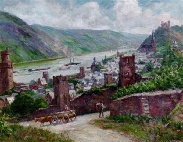 Blick Auf Oberwesel Am Rhein Mit Liebfrauenkirche Und Schoneburg Oil Painting by Peter Paul Mueller-Werlau