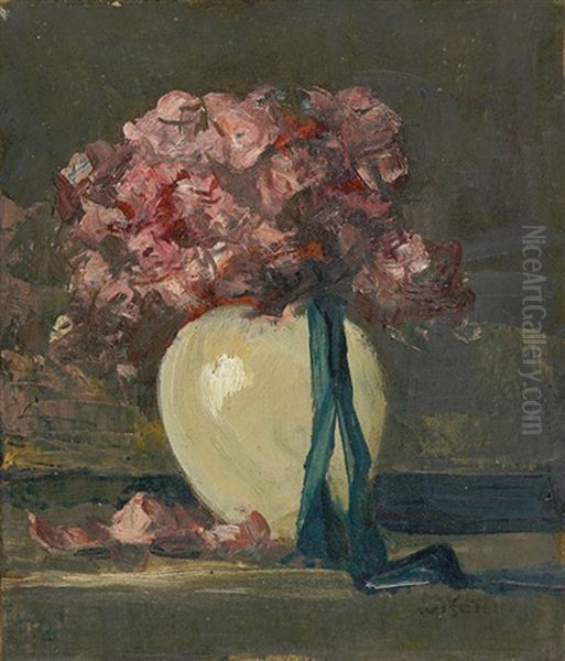 Rosa Blumen In Weiser Vase Oil Painting by Anton Mueller-Wischin