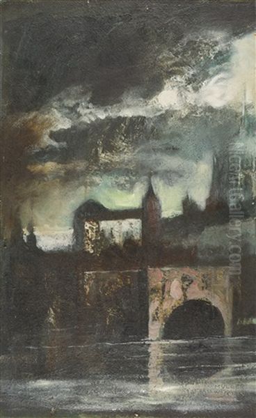 Nachtliche Stadt Am Wasser Oil Painting by Anton Mueller-Wischin