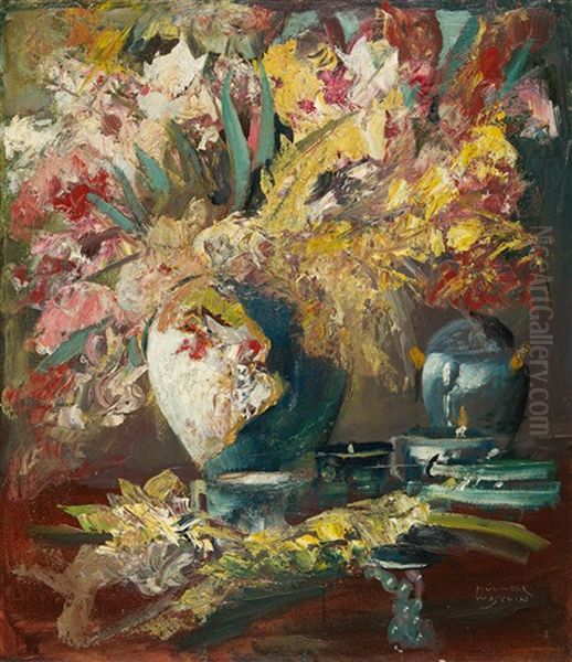 Stillleben Mit Blumenstrauss In Einer Porzellanvase Oil Painting by Anton Mueller-Wischin