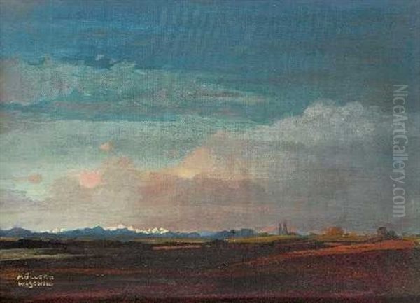 Voralpenlandschaft Bei Rosenheim Im Abendlicht Oil Painting by Anton Mueller-Wischin