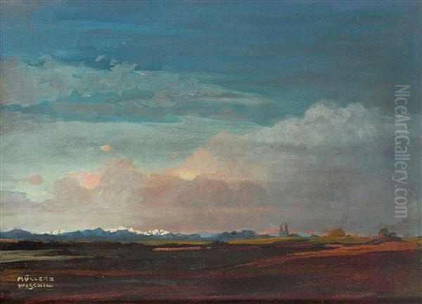 Voralpenlandschaft Bei Rosenheim Im Abendlicht Oil Painting by Anton Mueller-Wischin