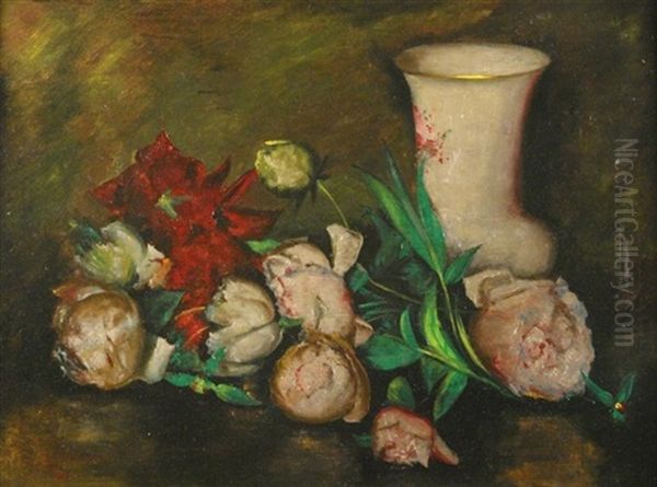 Stilleben Mit Pfingstrosen, Vor Einer Porzellanvase Drapiert Oil Painting by Anton Mueller-Wischin