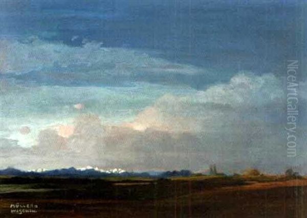 Landschaft Bei Rosenheim Mit Blick Auf Gebirgspanorama Im Abendrot Oil Painting by Anton Mueller-Wischin