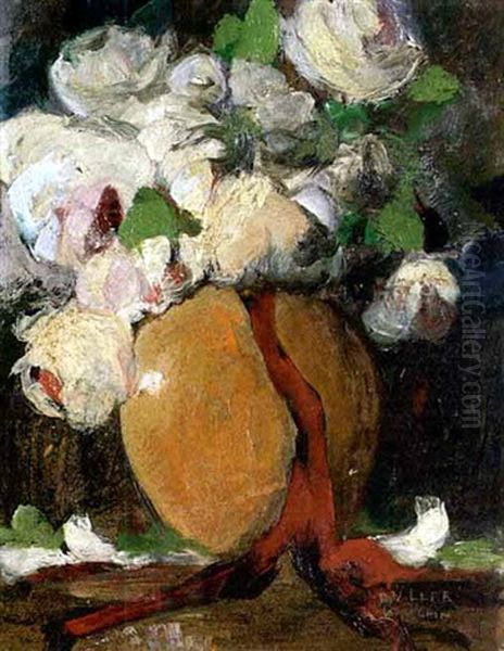 Weise Rosen In Einer Vase Mit Rotem Band Oil Painting by Anton Mueller-Wischin