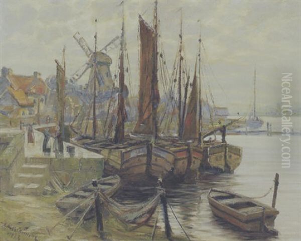 Hollandsk Havneparti Med Sejlskibe Ved Kajen, I Baggrunden Byhuse Og Molle Oil Painting by Anton Mueller-Wischin