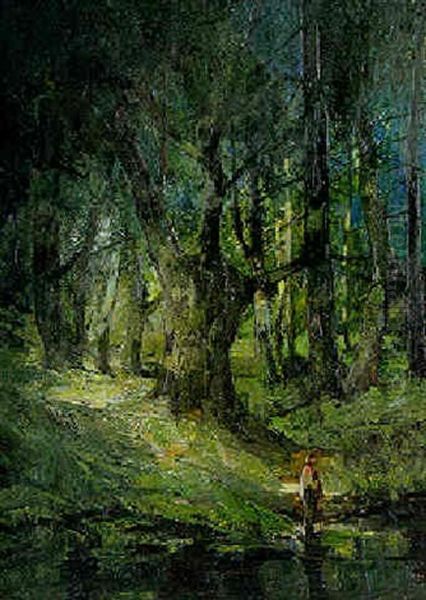 Madchen Im Wald Oil Painting by Anton Mueller-Wischin