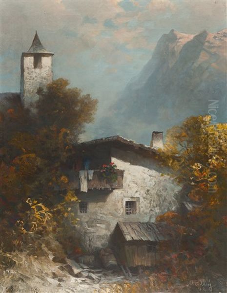 Farmhouse In The Mountains Oil Painting by Oskar Mulley