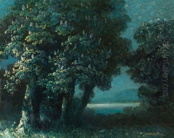 Night Atmosphere With Blooming Chestnut Trees At The Lake Oil Painting by Oskar Mulley