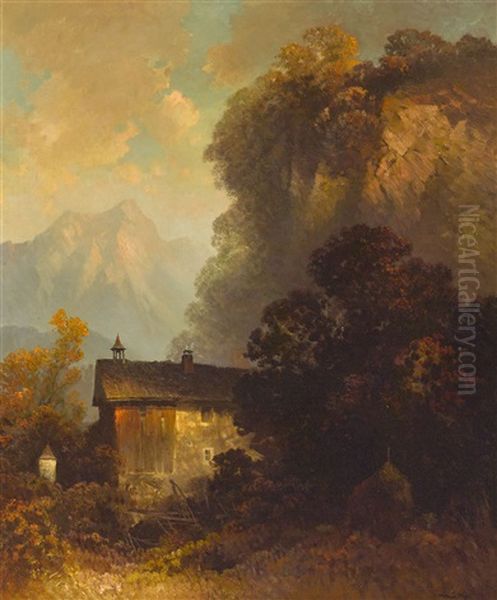 Herbstliche Gebirgslandschaft Mit Bauerngehoft Oil Painting by Oskar Mulley