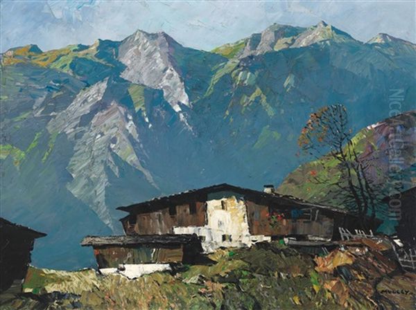 Homestead In The Mountains Oil Painting by Oskar Mulley