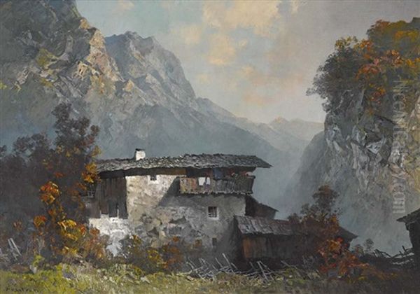 Einodhof In Gebirgslandschaft Oil Painting by Oskar Mulley