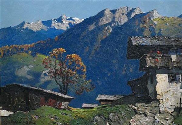 Bergbauernhof In Sommerlicher Gebirgslandschaft Oil Painting by Oskar Mulley