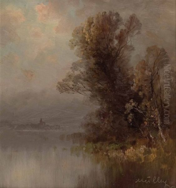 Blick Auf Einen See, Im Hintergrund Insel (chiemsee Mit Fraueninsel?) Oil Painting by Oskar Mulley