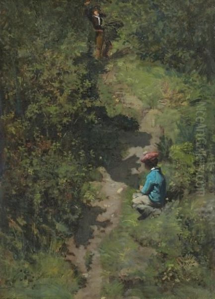 Deux Enfants Sur Un Chemin Dans Une Foret Oil Painting by Pierre Billet